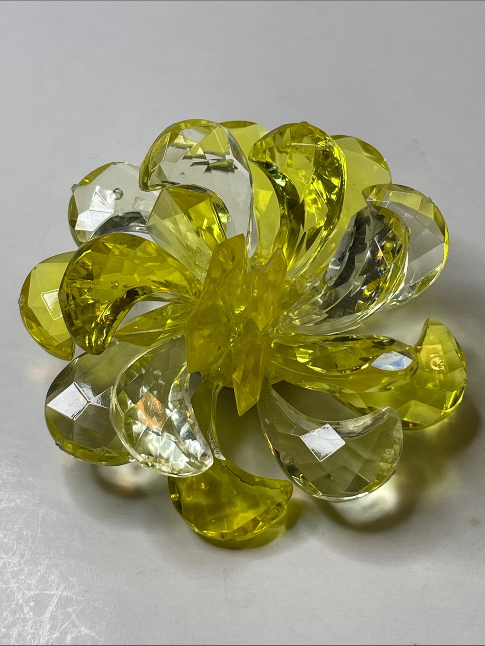 Vintage Bright Yellow & Clear Brass Clasp Lucite Flower Brooch Signed Germany